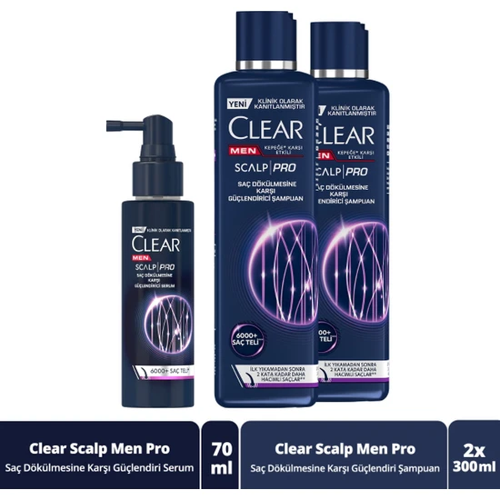 Clear Men Scalp Pro Güçlendirici Şampuan Saç Dökülmesine ve Kepeğe Karşı Etkili 300 ml x2 + Güçlendirici Serum Saç Dökülmesine Karşı 70 ml