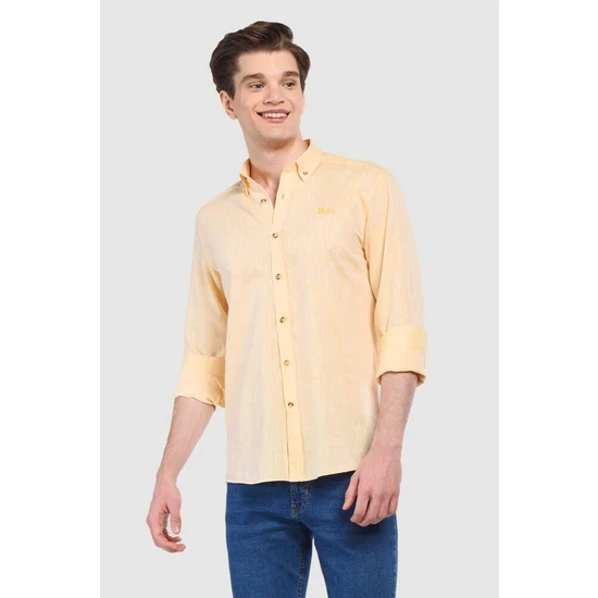 Ucla Jacquez Sarı Keten Nakışlı Standard Erkek Gömlek