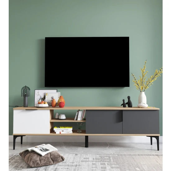 Alonex Tarz Raflı 180 cm Metal Kulp Tv Ünitesi (Beyaz - Antrasit)