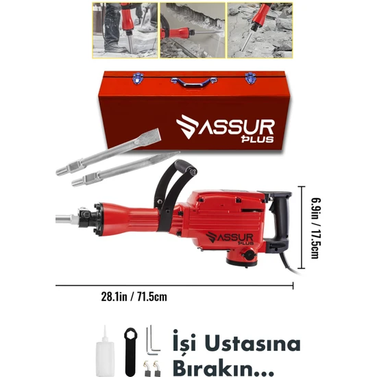 Assur Plus Büyük Tip Kırıcı Hilti Kavrama Kollu 16 kg 3 Metre Kablolu Kırmızı 65 mm