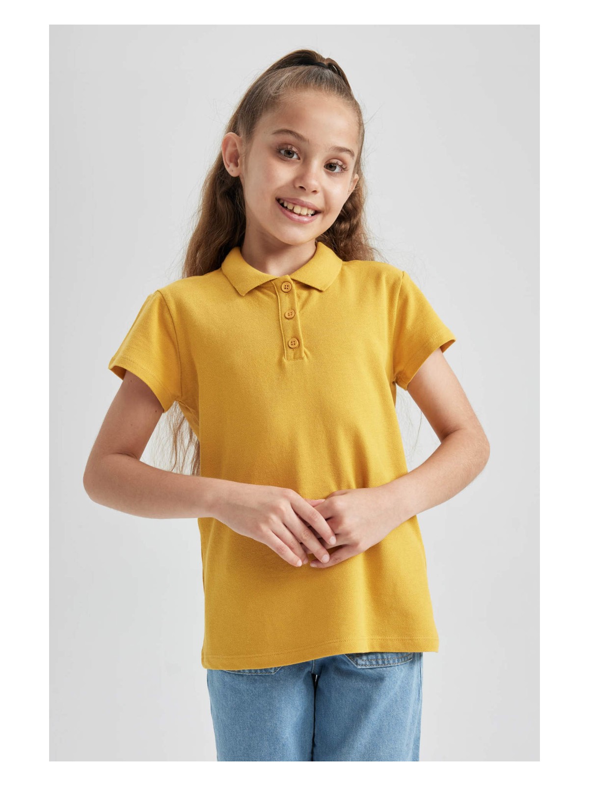 DeFacto Pamuklu Kısa Kollu Basic Düz Polo Tişört Kız Çocuk B0671A8NS - Görsel 3