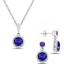 Molenga Tek Taş Gümüş Takı Seti Kolye Küpe