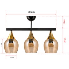 Dede Üçlü Ufo Sarkıt Avize  Siyah Bal Rengi Camlı Gold Huni