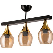 Dede Üçlü Ufo Sarkıt Avize  Siyah Bal Rengi Camlı Gold Huni