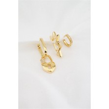 By Zeyna Aksesuar Kadın Altın Kaplama Zirkon Taşlı Yıldız ve Kilit Figürlü 3'lü Küpe Set