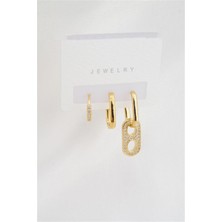 By Zeyna Aksesuar Kadın Altın Kaplama Zirkon Taşlı 3'lü Küpe Set