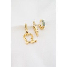 By Zeyna Aksesuar Kadın Altın Kaplama Firuze Zirkon Taşlı 3'lü Küpe Set