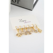 By Zeyna Aksesuar Kadın Vip Seri Zirkon Taşlı Karışık  Figürlü 6'lı Küpe Seti