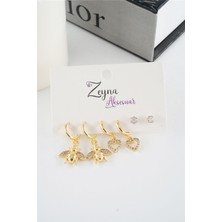 By Zeyna Aksesuar Kadın Vip Seri Zirkon Taşlı Kalp ve Arı Figürlü 6'lı Küpe Seti