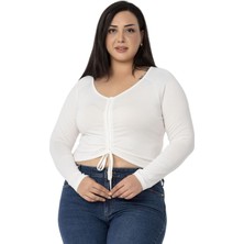 Disentis Modest Büyük Beden Önden Tünel Büzgülü Uzun Kollu Viskon Ekru Bluz