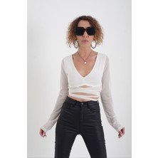 Zelish My Sister Beyaz Bağlamalı Kolu Tül Crop Bluz