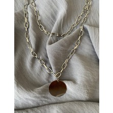 La Lavinia Metal Gümüş Renk Yuvarlak Pul Charm Katmanlı Kolye