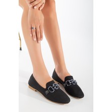 Triko Zincir Detaylı Yuvarlak Burun Siyah Kadın Babet