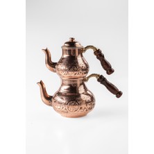 Dmt Copper Home Dmt Gaziantep Bakır Çaydanlık Takımı Ağır El Işlemesi Alt:12 cm Üst:8,5cm Toplam:1,3lt Ahşap Kulp