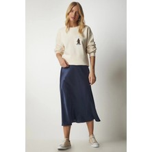 Hazelin Kadın Lacivert Saten Yüzeyli Midi Boy Etek Hzl23s-Bd1101471