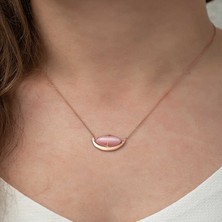 Aya Diamond Gümüş Pembe Kedi Gözü Taşlı Hilal Kolye
