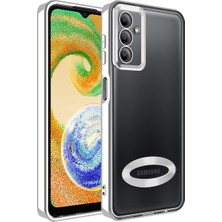 Kzy Samsung Galaxy A14 Kapak Yanları Renkli Lens Korumalı Logo Gösteren Şeffaf Luxury Silikon Kılıf - Gri