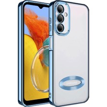Kılıfmania Samsung Galaxy M14 Kapak Yanları Renkli Lens Korumalı Logo Gösteren Şeffaf Luxury Silikon Kılıf - Mavi