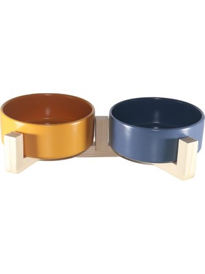Yılmazel Mama-Su Kabı Ahşap Standı ve Seramik Kasesi Yavru Evcil Hayvan Minimalist Design Çifthazneli