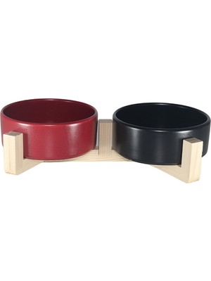 Yılmazel Mama-Su Kabı Ahşap Standı ve Seramik Kasesi Yavru Evcil Hayvan Minimalist Design Çifthazneli