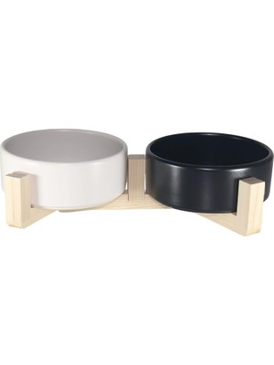 Yılmazel Mama-Su Kabı Ahşap Standı ve Seramik Kasesi Yavru Evcil Hayvan Minimalist Design Çifthazneli