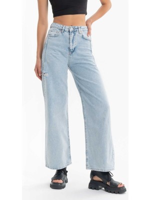 Its Basic Kadın Snow Kot Rengi Yırtık Detaylı Wide Leg Denim Pantolon