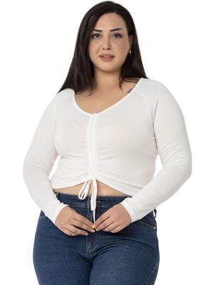 Disentis Modest Büyük Beden Önden Tünel Büzgülü Uzun Kollu Viskon Ekru Bluz