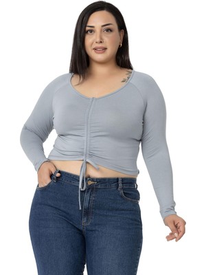 Disentis Modest Büyük Beden Önden Tünel Büzgülü Uzun Kollu Viskon Gri Bluz