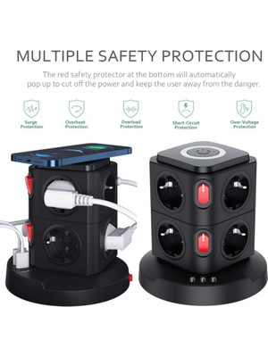 Vothoon Termal Akım Korumalı Isıya Dayanıklı 3 USB 8 Priz ve Wireless Kablosuz Şarj 2.4 Amper Kablolu Priz