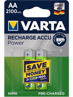 Varta Şarj Edilebilir AA Kalem Pil 2100 mAh 2 Li Paket Entegre Özellikli Yüksek Performans