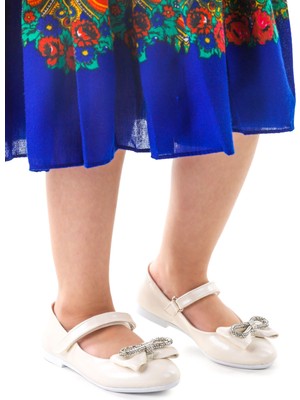 Kiko Kids Bowtie Papyon Taşlı Cırtlı Kız Çocuk Babet Ayakkabı
