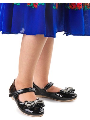 Kiko Kids Papyon Taşlı Cırtlı Kız Çocuk Babet Ayakkabı 254 Cilt Siyah