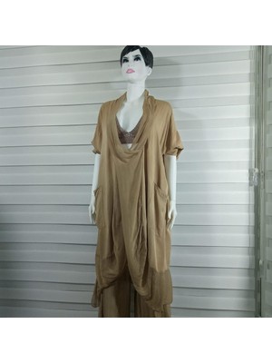 Bohem Stil Italyan Ipek Detaylı Oversize Kap Bluz- Wes Pantolon Takım