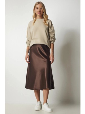 Hazelin Kadın Çikolata Saten Yüzeyli Midi Boy Etek Hzl23s-Bd1101471