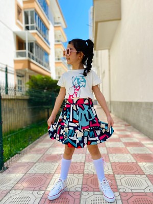 Miniğimin Cicileri Şort Etekli  Renkli Desenli Kız Çocuk  Takım