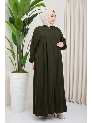 Demz Medine Ipeği Tesettür Pile Detaylı Ferace MDC-0165 Haki