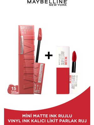 Maybelline New York Super Stay Vinyl Ink Uzun Süre Kalıcı Likit Parlak Ruj 15 Peachy Mini Matte Ink 20 Pioneer Hediyeli