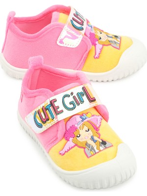 Gezer Kız Çocuk Cırtlı Kışlık Panduf Ayakkabı Sarı Renkli Desenli Ayarlanabilir Konfor