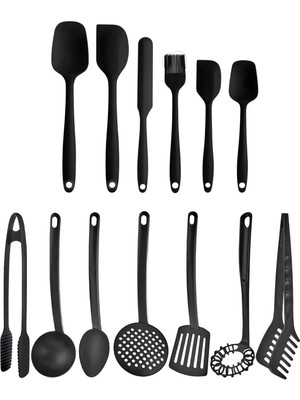 Selenica 6 Adet Isıya Dayanıklı Silikon Spatula Seti ve 7'li Yanmaz Teflon Kaplama Kepçe Mutfak Maşa Seti