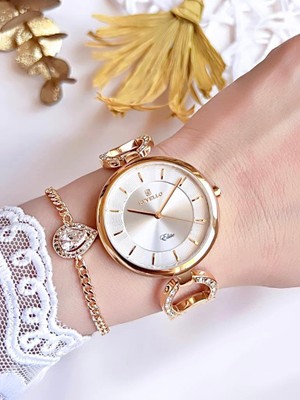 Revello RVL-1845-F Revello Altın Kaplama Kararma Renk Atma Yapmaz Swarovski Taşlı 3ATM Su Geçirmez+Bileklik