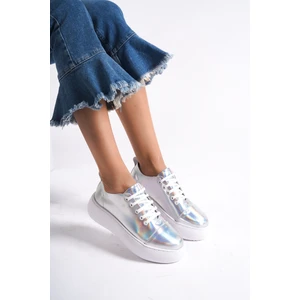 MB6304-GS Kadın Kalın Taban Gümüş Sim  Hakiki Deri Sneaker & Spor Ayakkabı