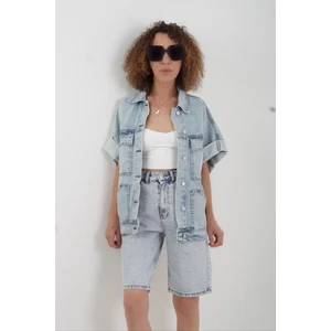 Zelish My Sister Mavi  Cep Detaylı Denim Yelek