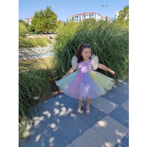 GÇ Kids Kız Çocuk Lila Gökkuşağı Renklerinde Tütü Elbise