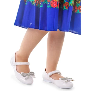 Kiko Kids Papyon Taşlı Cırtlı Kız Çocuk Babet Ayakkabı 254 Rugan Beyaz