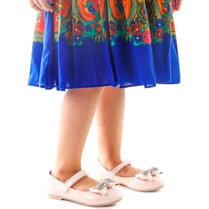 Kiko Kids Papyon Taşlı Cırtlı Kız Çocuk Babet Ayakkabı 254 Rugan Pudra