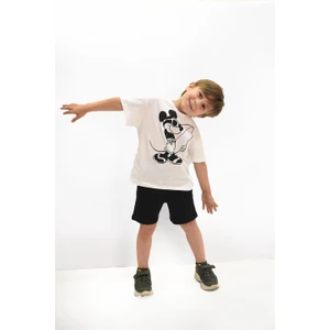 Erkek Çocuk Fit Mickey Mouse Baskılı %100 Pamuk Kısa Kollu Tshirt V Şort Alt Üst Takım