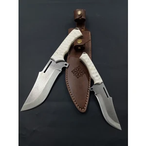 El Yapımı Kişiselleştirilebilir 2 Li Kamp Bıçağı Beyaz Kompakt Kabze Paslanmaz Bıçak Deri Kılıflı
