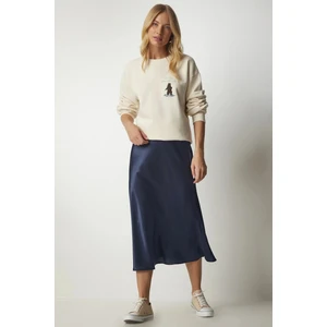 Kadın Lacivert Saten Yüzeyli Midi Boy Etek Hzl23s-Bd1101471