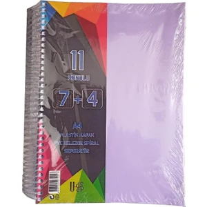 7+4 Ayraçlı Defter 11 Konulu 225 Yaprak 1 Adet 7 Kareli 4 Çizgili Spralli Plastik Kapak Seperatörlü