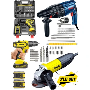 Alman Pro 3'lü Set 3000 W Taşlama-4200 W Kırıcı Delici Hilti-58 V Setli Şarjlı Matkap